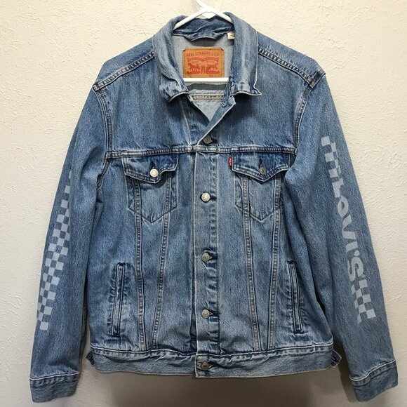 Levi's Other - Levi's Trucker Jacket Size L Motocross Printed Sleeve Blue Denim